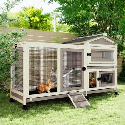 2 Story Wooden Rabbit Hutch Waterproof Roof Wheels Pull Trays Chew Proof Ramp