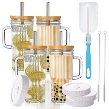 24oz Ribbed Glass Tumbler With Handle,4Pack Glass Cup with Lids and Straws,Re...