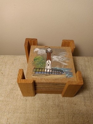 Lighthouse Themed Stone Coasters, Wood Holder, Nautical, Coastal, Set/4