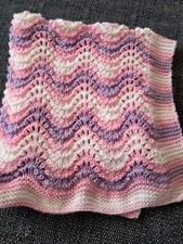 Hand knitted pink, purple and white stripes newborn baby blanket 60x50cm.