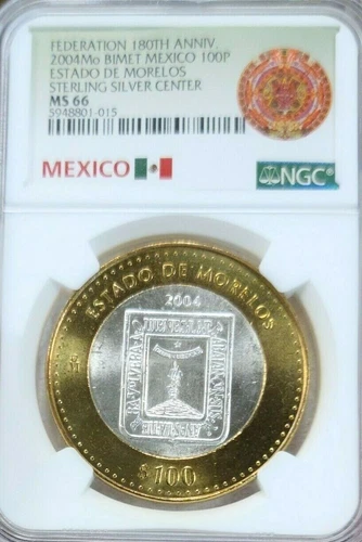 2004 MEXICO SILVER 100 PESOS ESTADO DE MORELOS NGC MS 66 BEAUTIFUL TOP POP 1