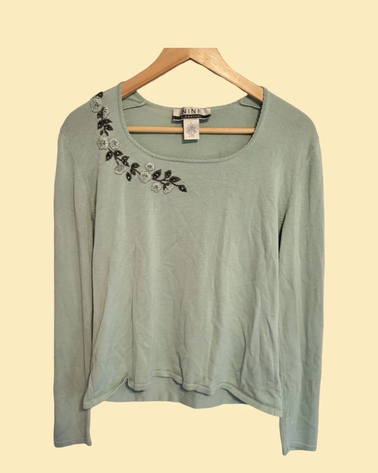  Vintage Mint Green Floral Embroidered Long Sleeve Top Sweater Size S - Image 2 of 4
