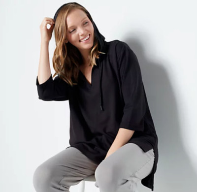 Susan Graver SG Sport Regular Drop-Shoulder Hooded Tunic-Black-Medium A451382