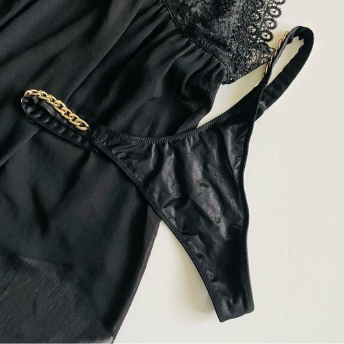 MEDIUM Victoria’s Secret black high neck slip lingerie set chain thong panties - Picture 2 of 6