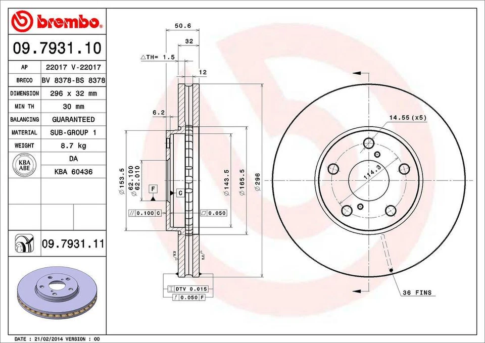 Brembo 09.7931.11 296mm Front Disc Brake Rotor for 2005 Lexus IS300 - Image 2 of 3