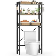 3-Tier Grey Over-Toilet Storage Rack Freestanding with 4 Hooks Space-Saving