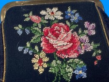 Vintage Black Velvet Coin Purse Kiss Lock Rose Floral Embroidery