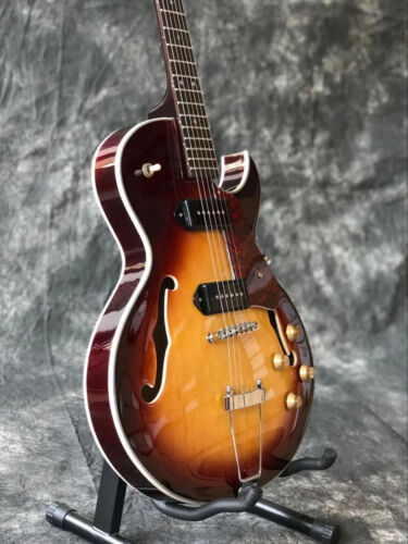 Retro Sunburst Half Hollow Electric Guitar with Double F Holes Black P 90 Pickup