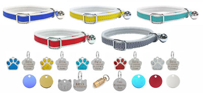Reflektierendes Halsband Katze/Kätzchen mit Sicherheitsgummi, Glocke & personalisierter Tiermarke