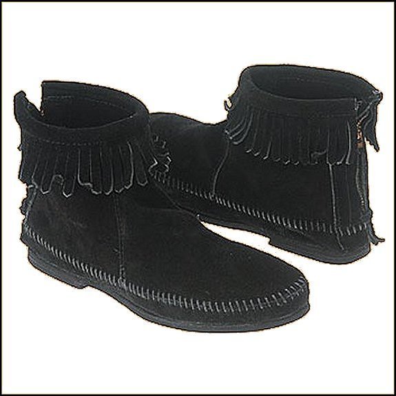 Minnetonka Childrens 2289 Black Suede Fringe Back Zipper Boots Hardsole  Boot 9M