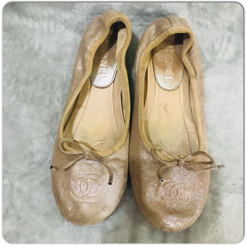 CHANEL CC Classic Bow Cap Gold Glitter Fabric Ballerina Flats Shoes 36