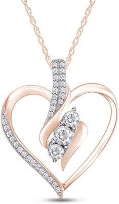 0.25 Ct Round Natural Diamond Heart Pendant Necklace in 14K Rose Gold Plated
