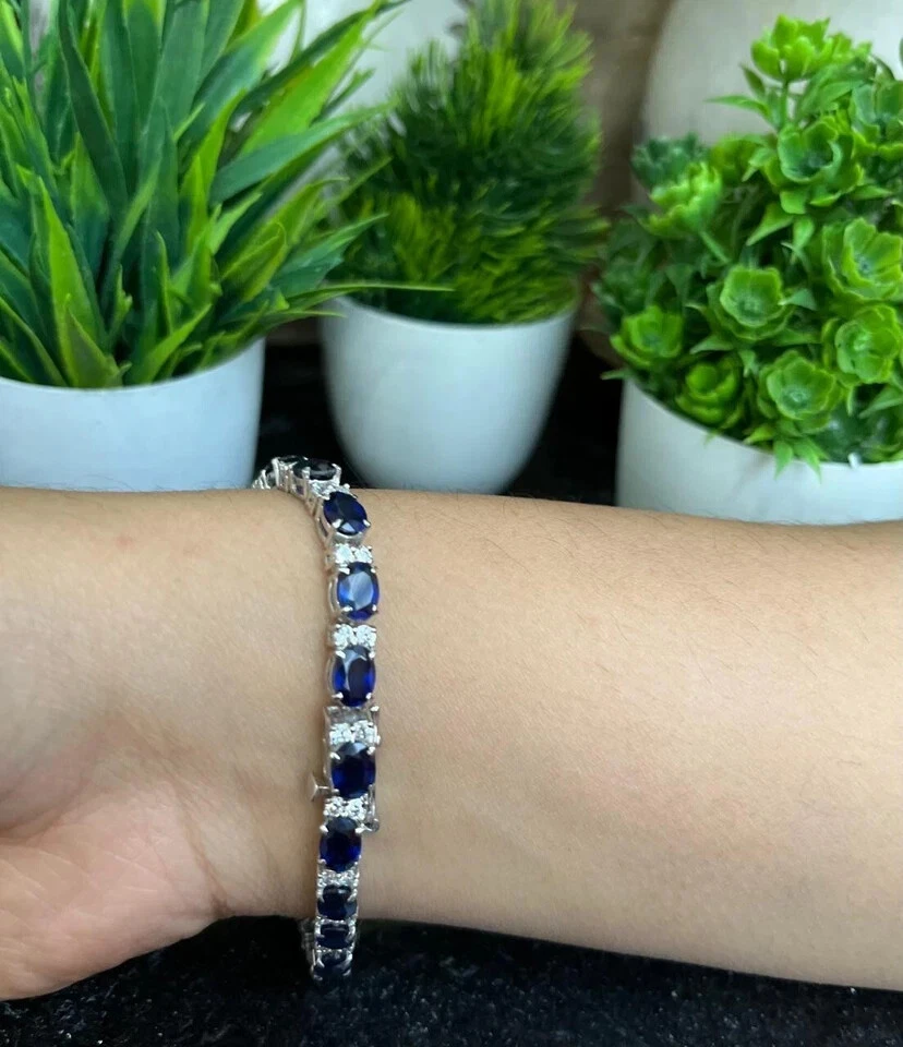 Brazalete tenis diamante zafiro natural corte ovalado 14 quilates oro blanco 14 quilates 7,0 - 7,5" Foto 3 de 4