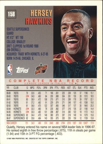 Tarjeta de baloncesto Hersey Hawkins 1997-98 Topps cromada Seattle Supersonics #158 - Imagen 2 de 4