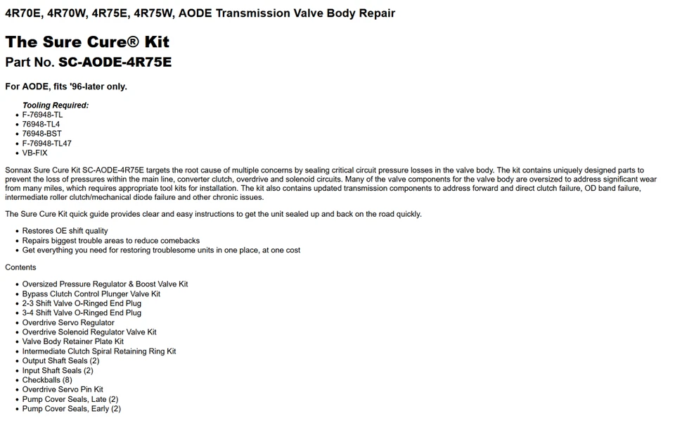 Kit de carrocería de válvula Ford 4R70W 4R75W Sonnax Sure Cure SC-AODE-4R75E (1996-Up) Foto 3 de 3