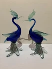 Vintage Murano Style MCM Art Glass Heron Birds Pair Cobalt Sommerso Aventurine
