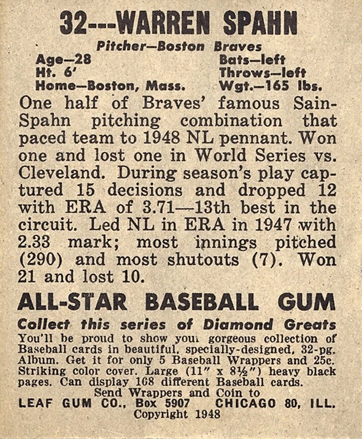 WARREN SPAHN 48## BUY 5 GET 1 FREE ### or 30% OFF 12 OR MORE - Image 2 of 2