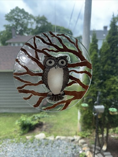 Sydenstricker Fused Glass Owl In Branches Round Window Adornment