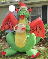 6 Ft Airblown Inflatable Fire Breathing Christmas Dragon w Santa Hat Cup Cocoa
