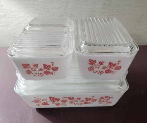 Vintage Pink Gooseberry Pyrex Refrigerator Dish Set with Lids 501 (2), 502, 503
