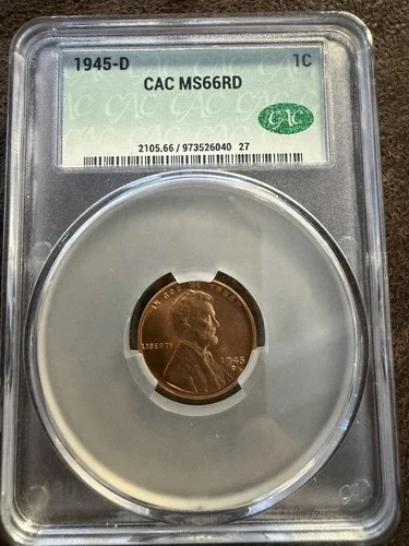 1945-D Lincoln Wheat Cent – CAC Graded MS66 RD – Gem Red