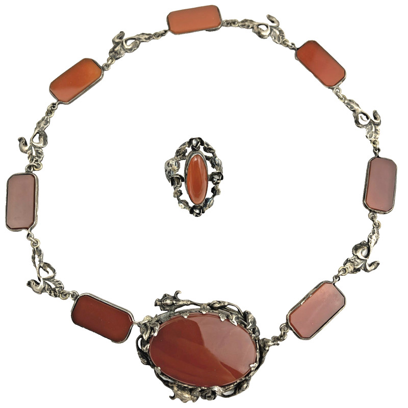 Antique Deco Floral Rose Carnelian Sterling Necklace Ring Set Sz 5