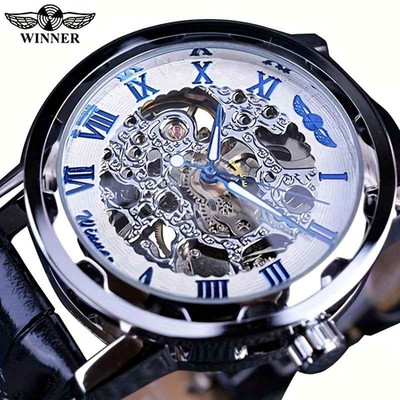 Mechanische Uhr Skelett Winner Römisches Zifferblatt Lederarmband Leuchtend Weiß