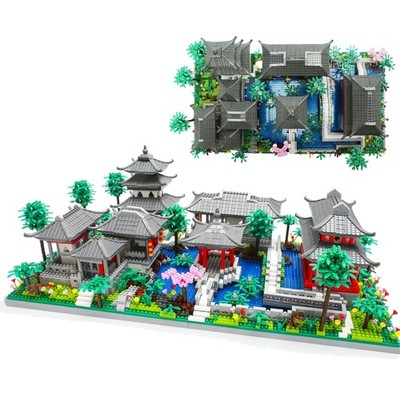 Micro Mini Chinese Architecture of Suzhou Garden with Cherry Blossom Tree Bui...
