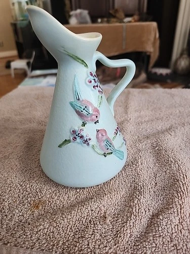 Vintage Hull Art Pitcher Vase Serenade Blue Pink Bird Handled Ewer S2 1952