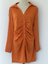 H&M Womens Bright Orange Button Up Shirt Dress With Ruffles Long Sleeves Size L