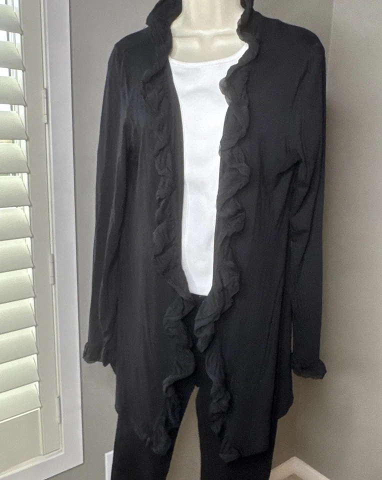 INC Cardigan black open cardigan ruffle Rayon / Spandex / Silk SZ LARGE - Image 2 of 4
