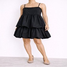 Tiered Bubble Hem Mini Womens Large Black Babydoll Party Strappy Dress