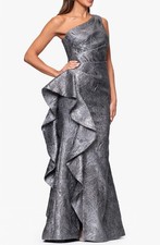 Xscape 7054 Metallic Ruffle OneShoulder Jacquard Mermaid Gown SZ 14 GunMt $298