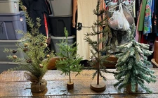 4 Primitive Snow Flocked Fir? Pine Christmas Trees 25" Tallest Country Decor