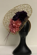Ascot Fascinator Kentucky Derby Large Pink / Plum Flowers, Gold Mesh, Headband
