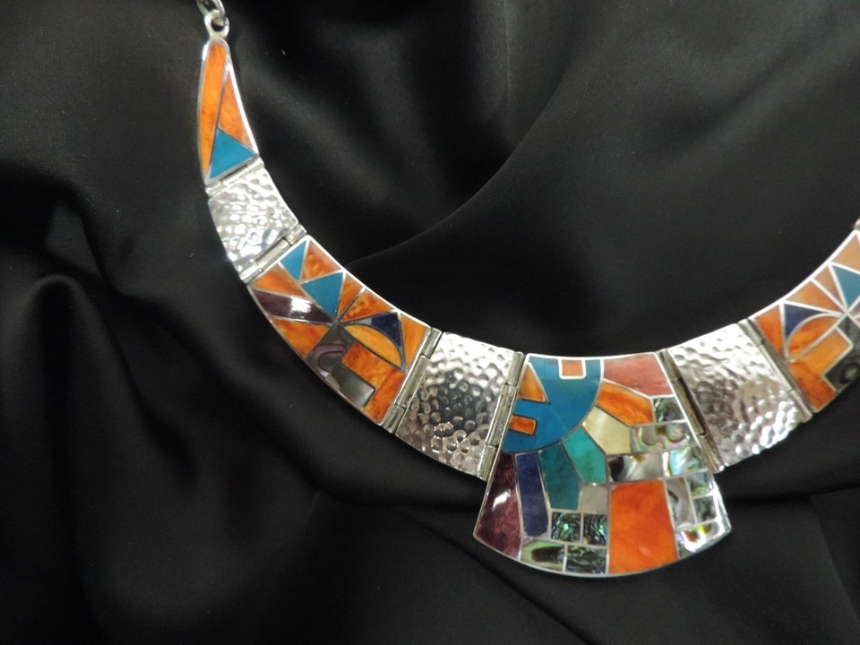 950 Silver Peruvian Inca Style Bib Mosaic Necklace, Semi Precious ...