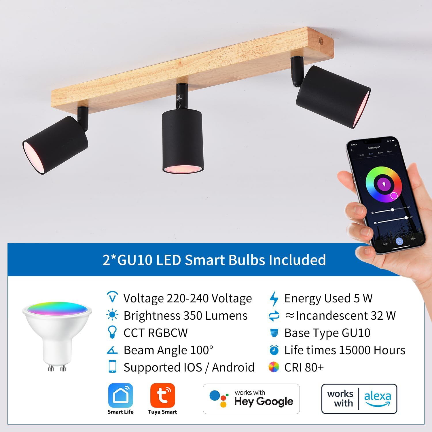 ANWIO Black Wood Led Spot Lights for Ceiling,3 Way Ceiling Light