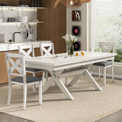 Set of 7 Solid Wood Dining Table Set Adjustable Kitchen Table Chair Dining Room - Picture 15 of 30