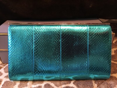 RARE Jimmy Choo Cayla Bright Metallic Turquoise Blue Snakeskin Clutch RV  $2995