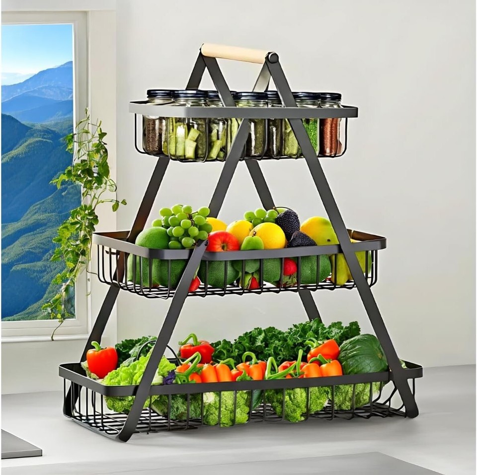 Veg Storage Rack 3 Tier Fruit Storage Basket Countertop Kitchen Bread Vegetable Fruit ...