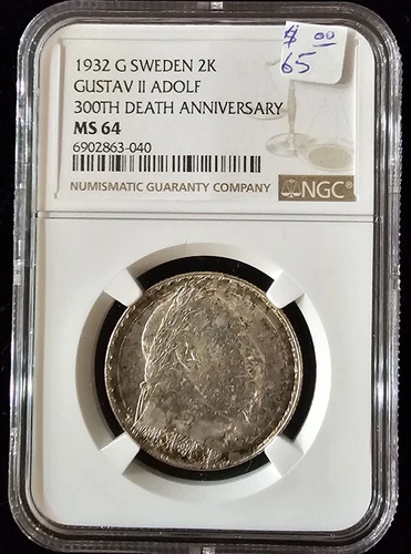 SWEDEN Silver 1932 G 2 Kronor NGC MS-64 1 YEAR Death of Gustaf II Adolf