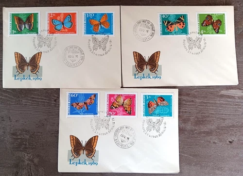BUTTERFLY HUNGARY   COMPLETE SET 1969  8 STAMPS 3 CACHET FDCS UNADDR