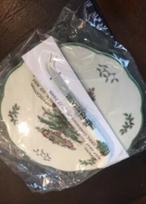 SPODE Christmas Tree Appetizer Serving Plate With Knife Holiday Christmas NIB