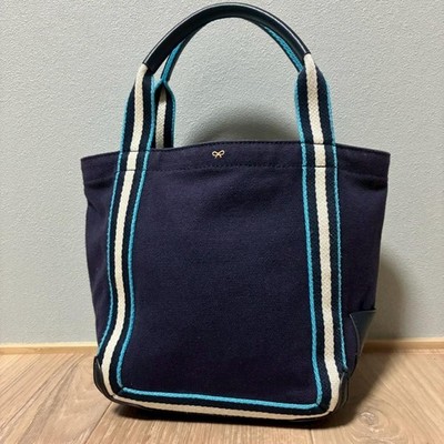 Anya Hindmarch Navy Ribbon Logo Canvas Leather Tote Bag, Excellent 