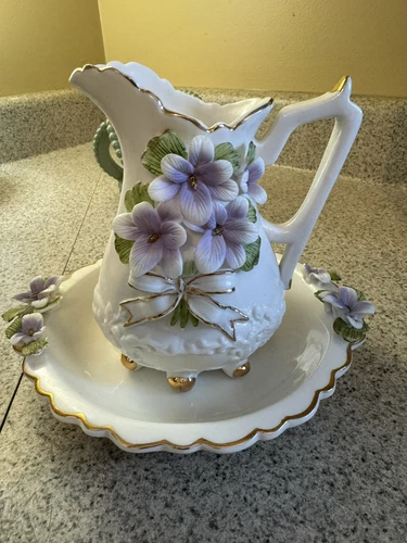 Vintage Porcelain Milk Vase Gold Trim Purple Flowers Milk  Lefton?