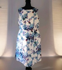 Talbots Floral White Blue Multi Sleeveless Fit Flare Dress Back Zip Size 14