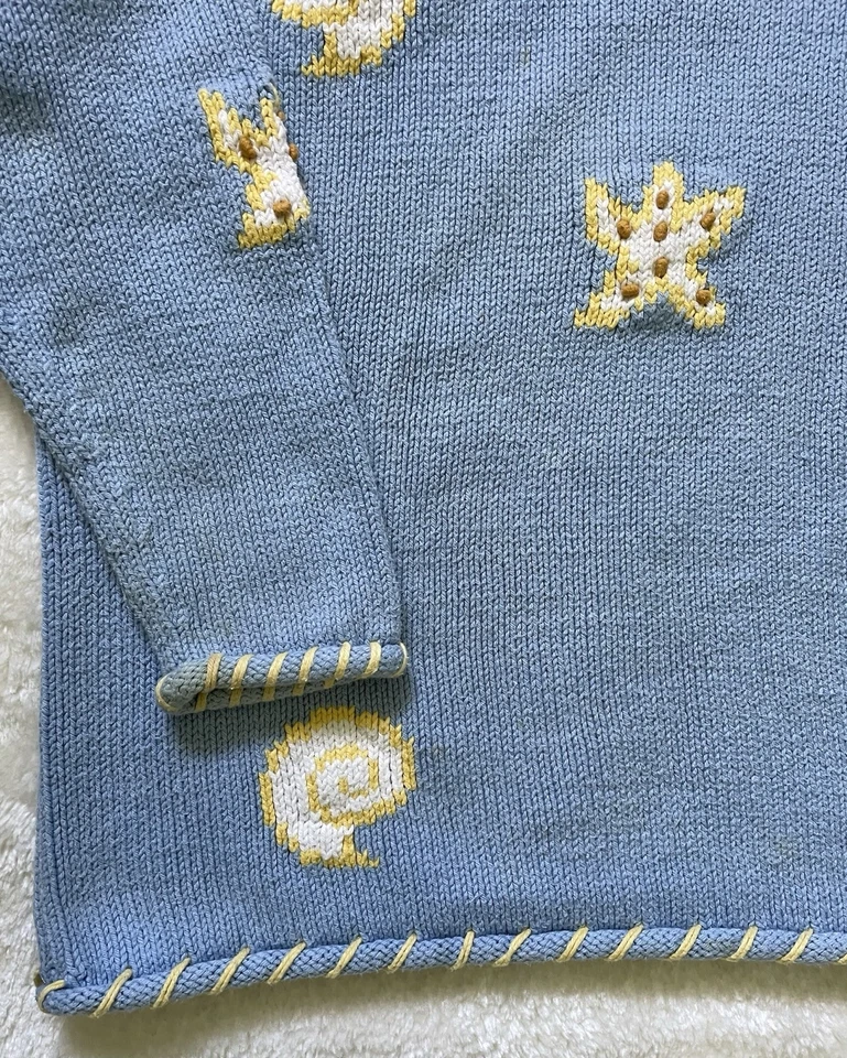 Fresh Produce  Sweater Women Sz M Sky Blue Starfish & Shells 100% Cotton Chunky - Image 3 of 4