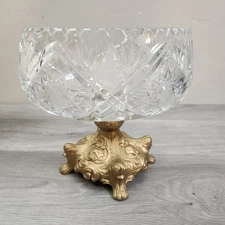 Vintage Crystal Footed Bowl Ornate Gold Pedestal Centerpiece Hollywood  Regency