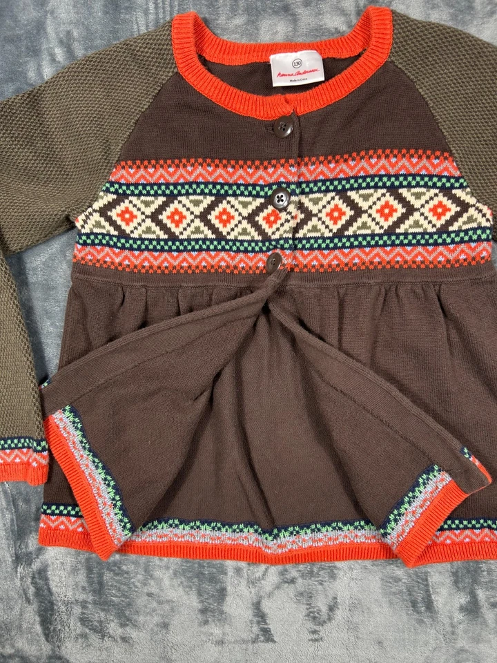 Cardigã Hanna Andersson Nordic Fair Isle 3 botões meninas 130cm EUA 8 marrom laranja - Imagem 3 de 4