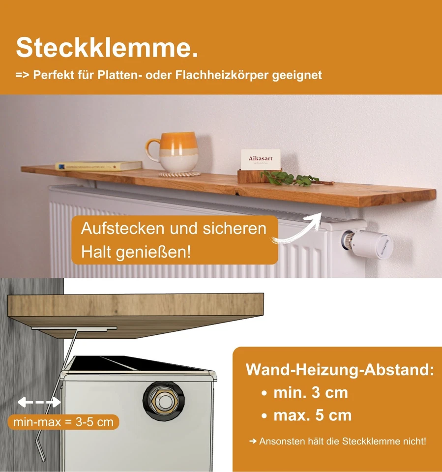 Aikas Art Heizkörperregal Eiche Echtholz, Ohne Bohren - Einfache Montage - Bild 4 von 4